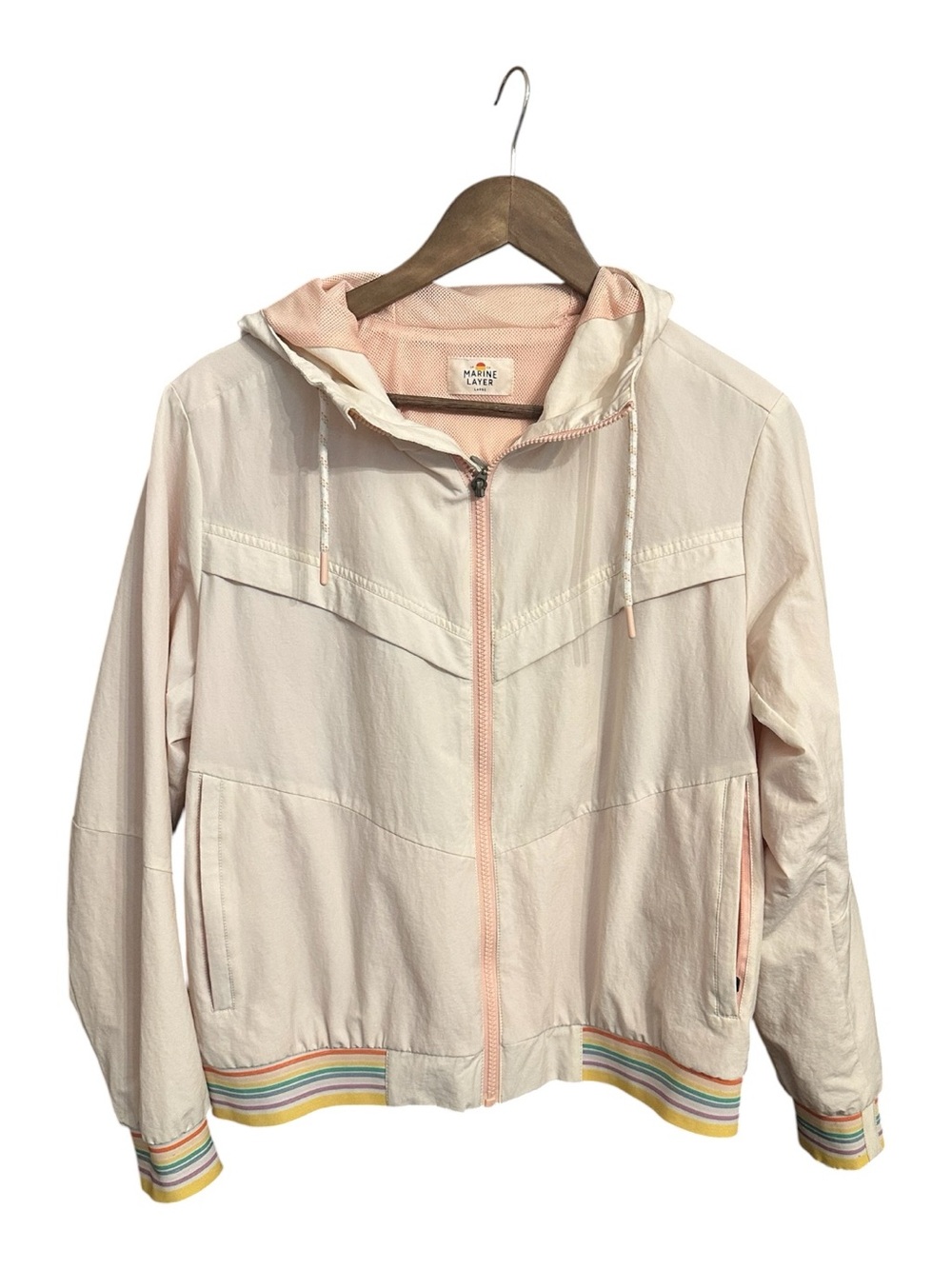 Marine Layer Gabby Windbreaker Size Large Hooded Rainbow Antique White Retro